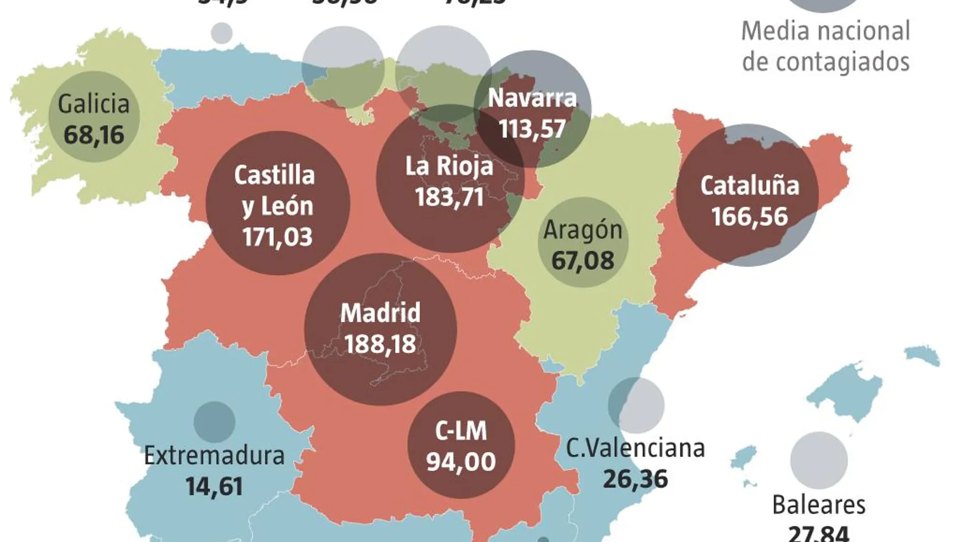 Contagiados en España por 100.000 habitantes en catorce días