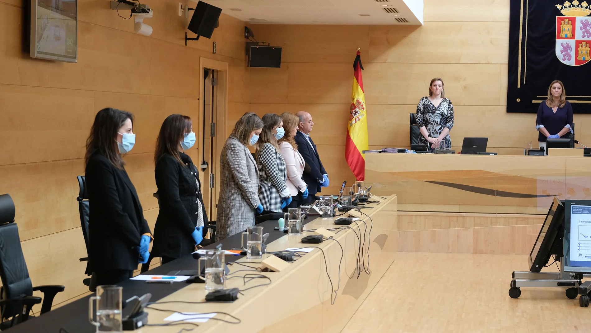 Minuto de silencio en recuerdo de las víctimas por el coronavirus y en señal de respeto a los familiares, antes del comienzo de la comparecencia de la consejera Isabel Blanco en la Comisión de Familia de las Cortes