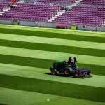 Los jardineros trabajan sobre el césped del Camp Nou durante el parón