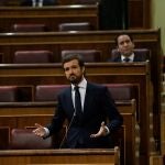 El presidente del Partido Popular, Pablo Casado durante su intervención en el pleno de control al Ejecutivo celebrada este miércoles. EFE/Emilio Naranjo POOL