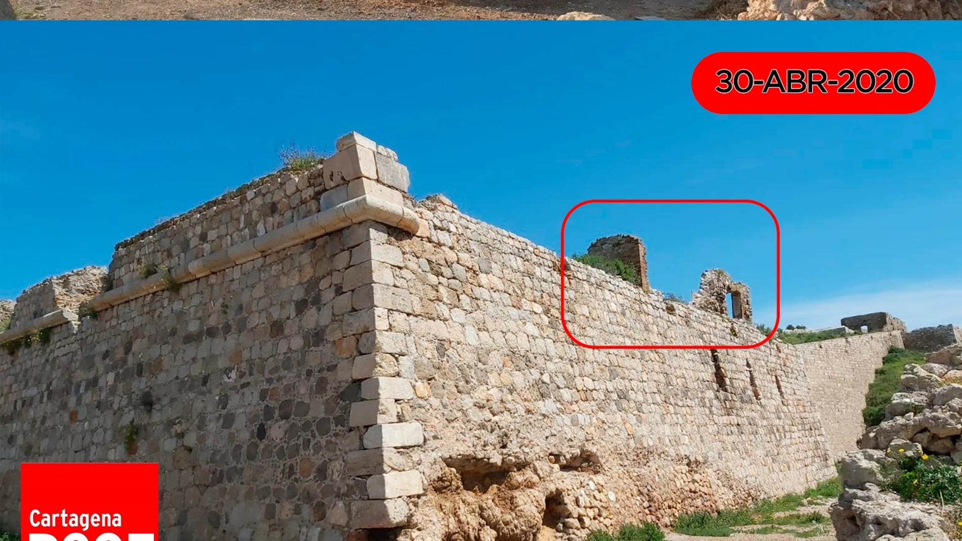 Imagen del derrumbe de una parte de los tres baluartes que ha sufrido el Castillo de los Moros de Cartagena tras las últimas lluvias