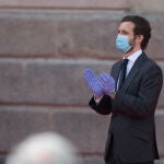 Pablo Casado, líder del Partido Popilar PP, durante el acto de homenaje a los héroes del coronavirus celebrado en la Puerta del Sol en el día de la Comunidad de Madrid durante a Pandemia Covid-19. En Madrid, España, a 2 de mayo de 2020.Joaquin Corchero / Europa Press02/05/2020