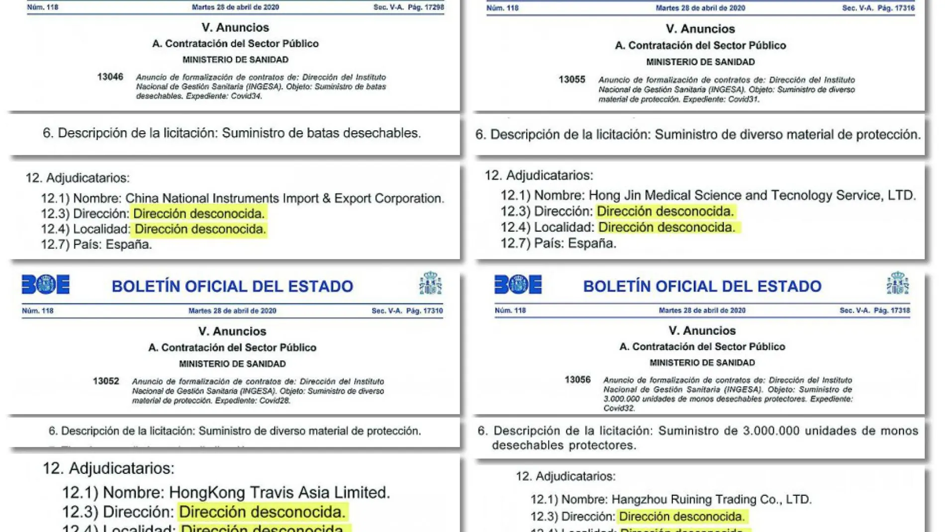 Imagen de algunos de los acuerdos suscritos por Ingesa en los que no consta la dirección del adjudicatario