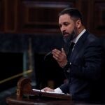 El líder de Vox, Santiago Abascal, durante su intervención en el pleno del Congreso el pasado miércoles 6 de mayo de 2020.Pool06/05/2020
