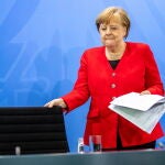 Angela Merkel en una rueda de prensa en la Cancillería