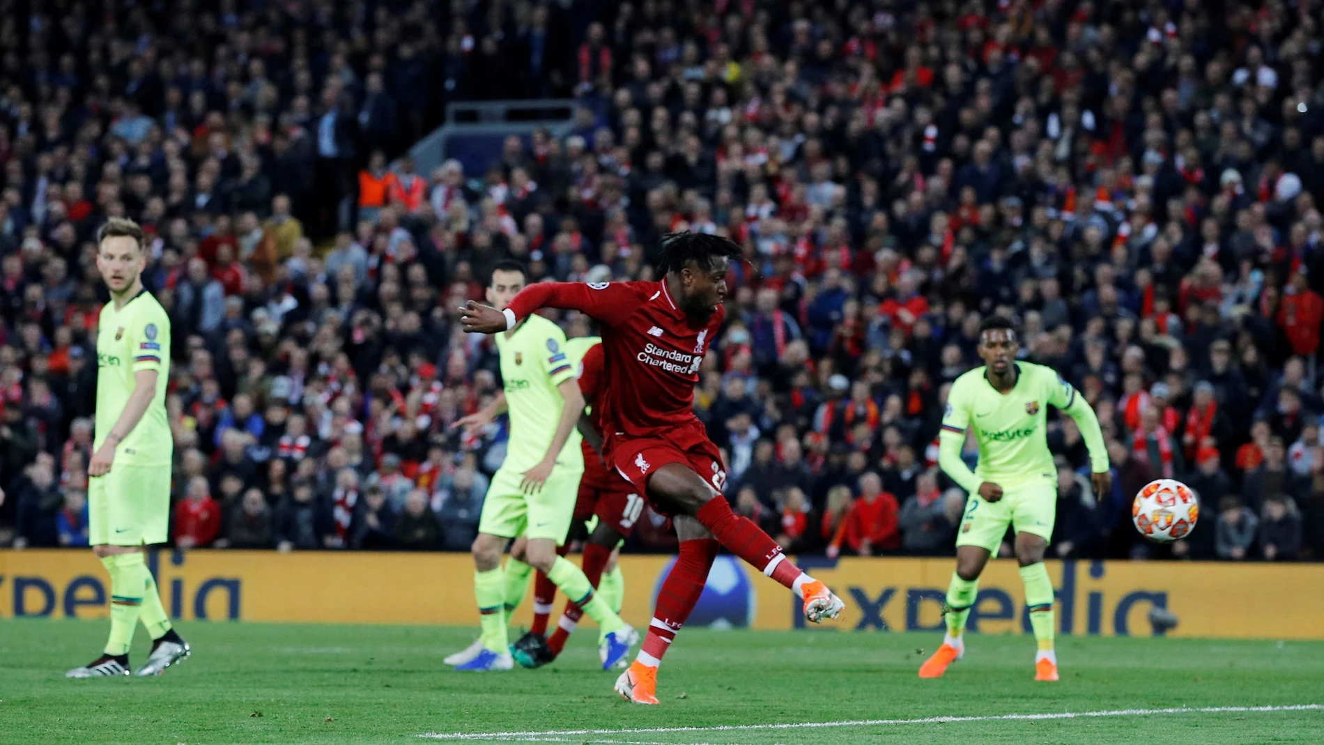 FILE PHOTO: Liverpool striker Divock Origi scores their fourth goal in a 4-0 victory against Barcelona in the second leg of the Champions League semi-finals at Anfield.