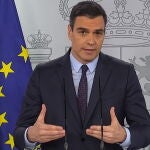 Pedro Sánchez, hoy, en su comparecencia en Moncloa