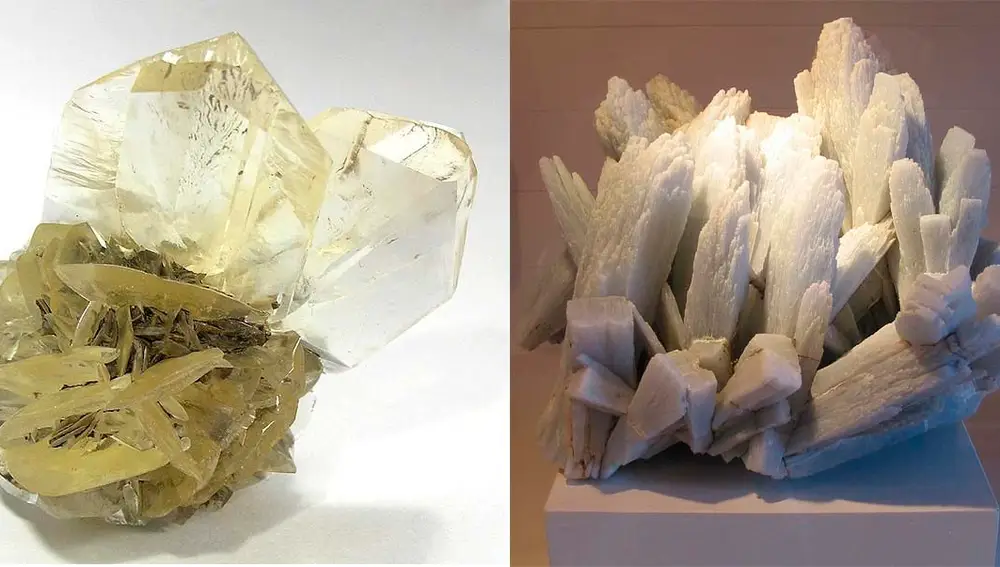 Cristales de yeso (izquierda) y de anhidrita (derecha).