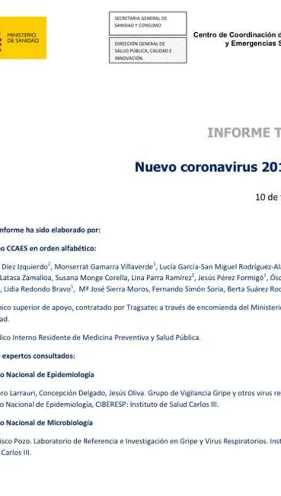 Primera página del documento del 10 de febrero con información científica sobre el coronavirus, donde figura que ha sido elaborado por un equipo de 12 expertos.