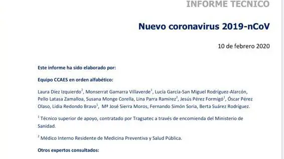 Primera página del documento del 10 de febrero con información científica sobre el coronavirus, donde figura que ha sido elaborado por un equipo de 12 expertos.