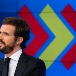 El líder del PP, Pablo Casado, durante la rueda de prensa de este martes en Madrid, en la que ha planteado un pacto de Estado por la sanidad, denominado "Plan Cajal", para abordar dentro de la Comisión de Reconstrucción tras el coronavirus en el Congreso