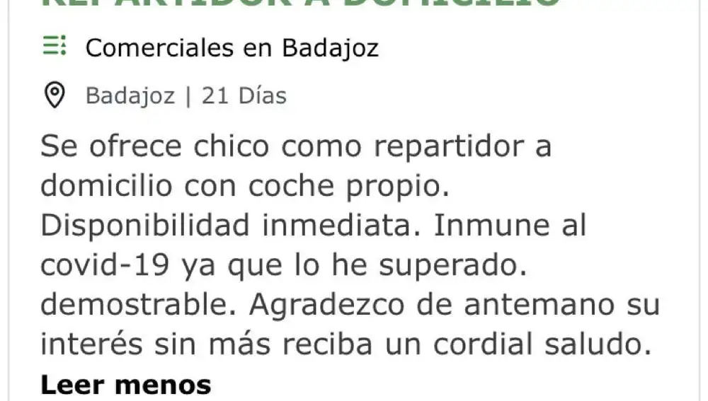 Anuncios de ofertas de trabajo que exigen o valoran las credenciales de haber pasado el Covid-19 para acceder al puesto.