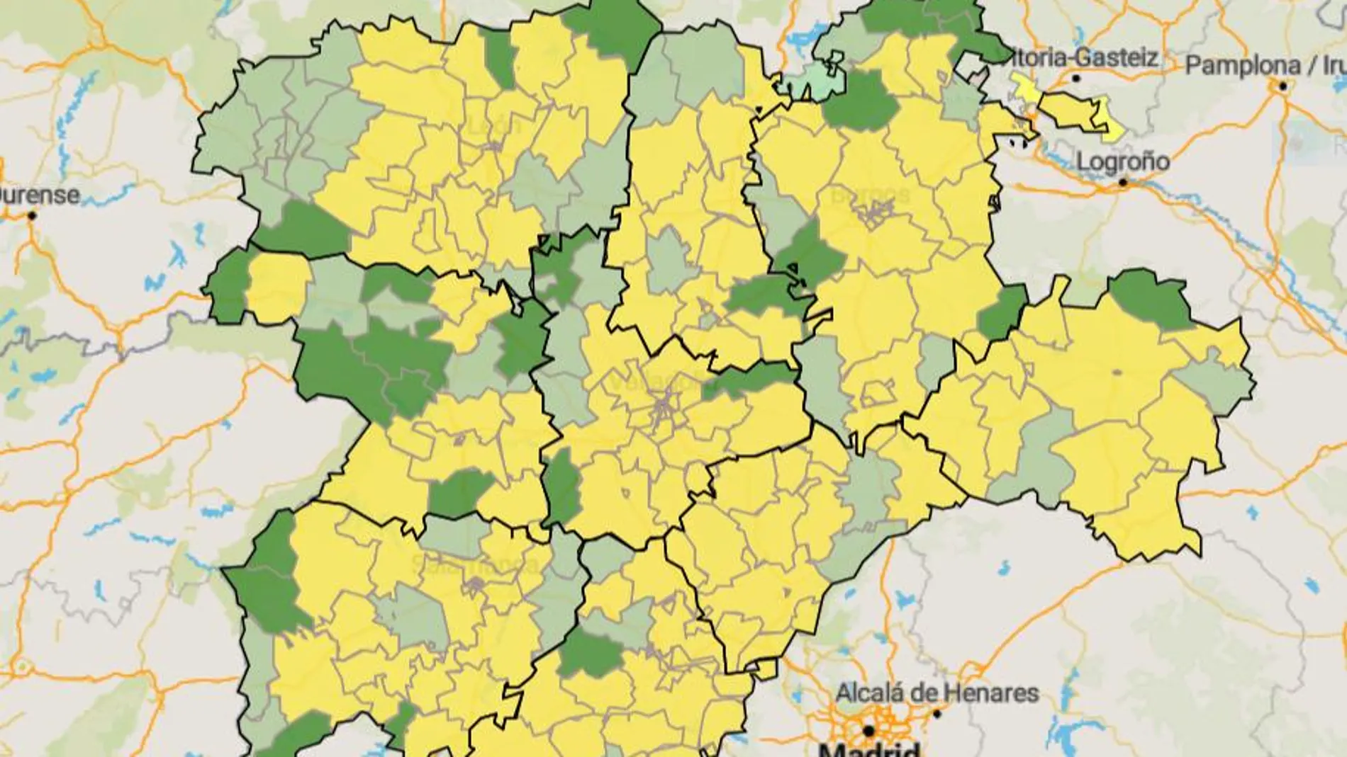 Mapa con todas las zonas que podrían estar en fase 1 el lunes 18 de mayo en Castilla y León. En verde oscuro, las que ya se encuentran en ese punto. En verde claro, la nueva propuesta