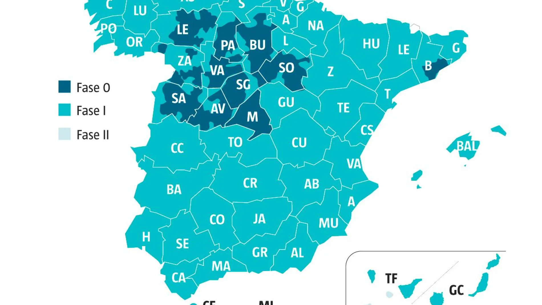 Mapa de España con las actuales fases de la desescalada