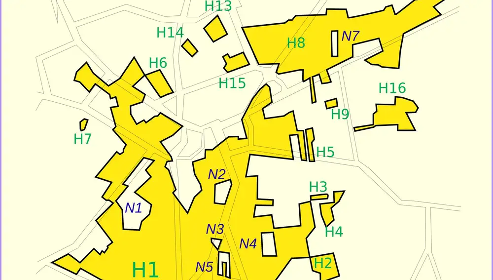 En el mapa se aprecian los espacios de amarillo chillón (belgas) y de amarillo pastel (holandeses) en Baarle.