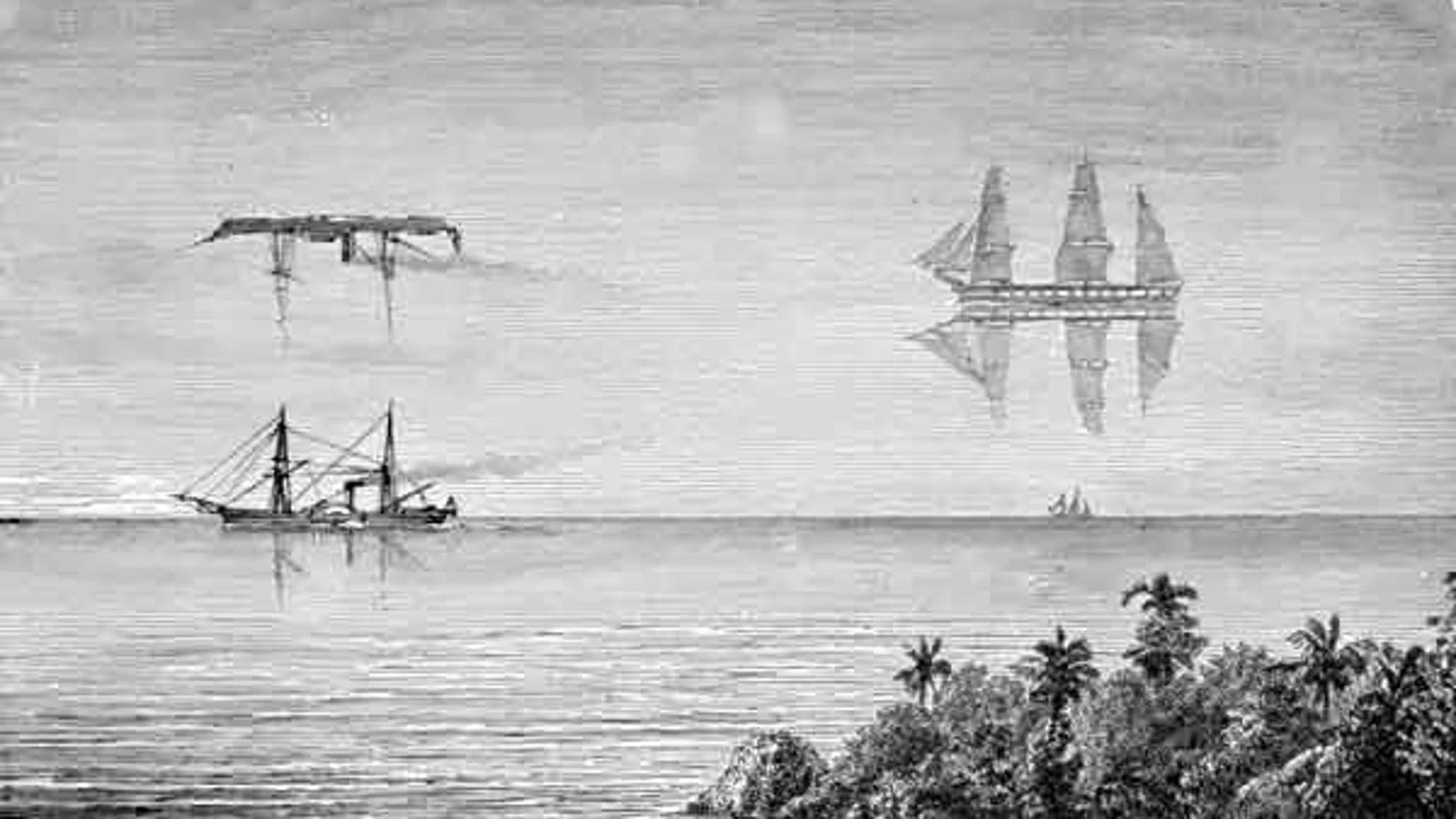 Ilustración del siglo XIX mostrando dos espejismos superiores en barcos a distinta distancias.