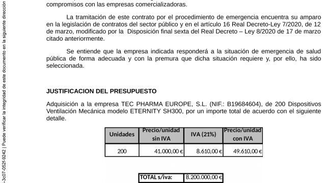 La memoria justificativa de la contratación, del 6 de abril, incluye el precio total pagado de 9,92 millones. En el texto afirma que urgía ponerlos a diposición de las UCI. Sin embargo, los respiradores adquiridos son de transporte.