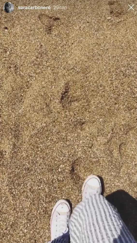 Stories de Sara Carbonero dando un paseo por la playa.