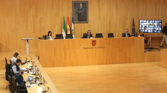 Pleno de la Diputación de Málaga con varios integrantes del Gobierno provincial asistiendo al salón de plenos y otros de manera telemática
