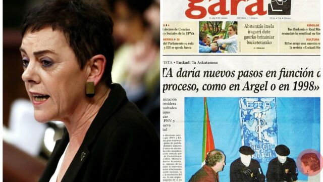 A la izquierda, Mertxe Aizpurua en el Congreso. A la derecha, la portada de Gara del 7 de junio de 2001 en la que la ahora portavoz de Bildu entrevistó a dos miembros de ETA.
