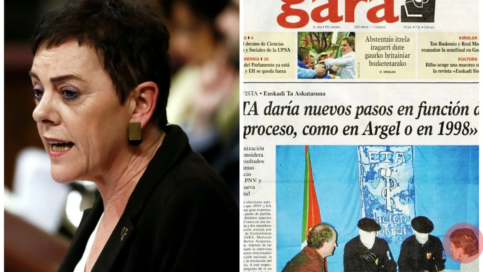 A la izquierda, Mertxe Aizpurua en el Congreso. A la derecha, la portada de Gara del 7 de junio de 2001 en la que la ahora portavoz de Bildu entrevistó a dos miembros de ETA.