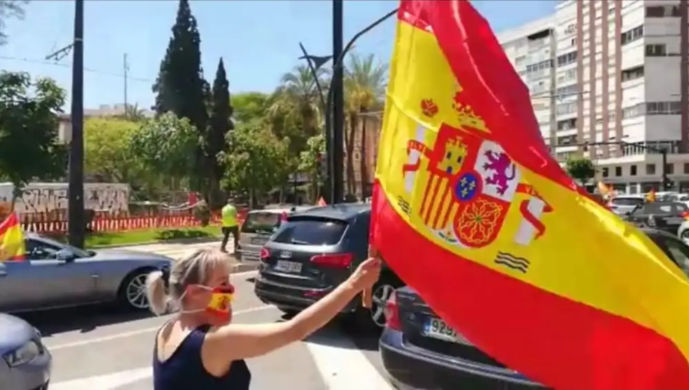 Una mujer enarbola una bandera de España en la manifestación