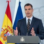 El presidente del Gobierno, Pedro Sánchez, durante una rueda de prensa telemática