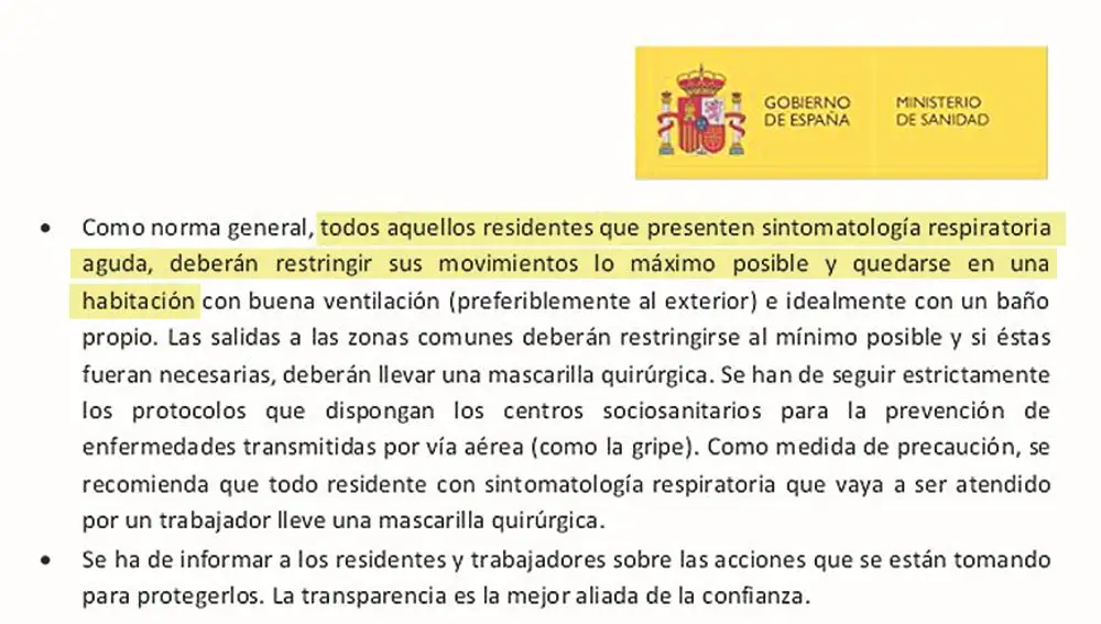 Parte del informe del Ministerio de Sanidad fechado el 5 de marzo con las pautas de actuación para las residencias.