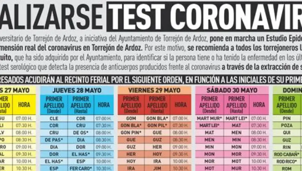 Cartel no oficial de los test de covid-19 de Torrejón de Ardoz