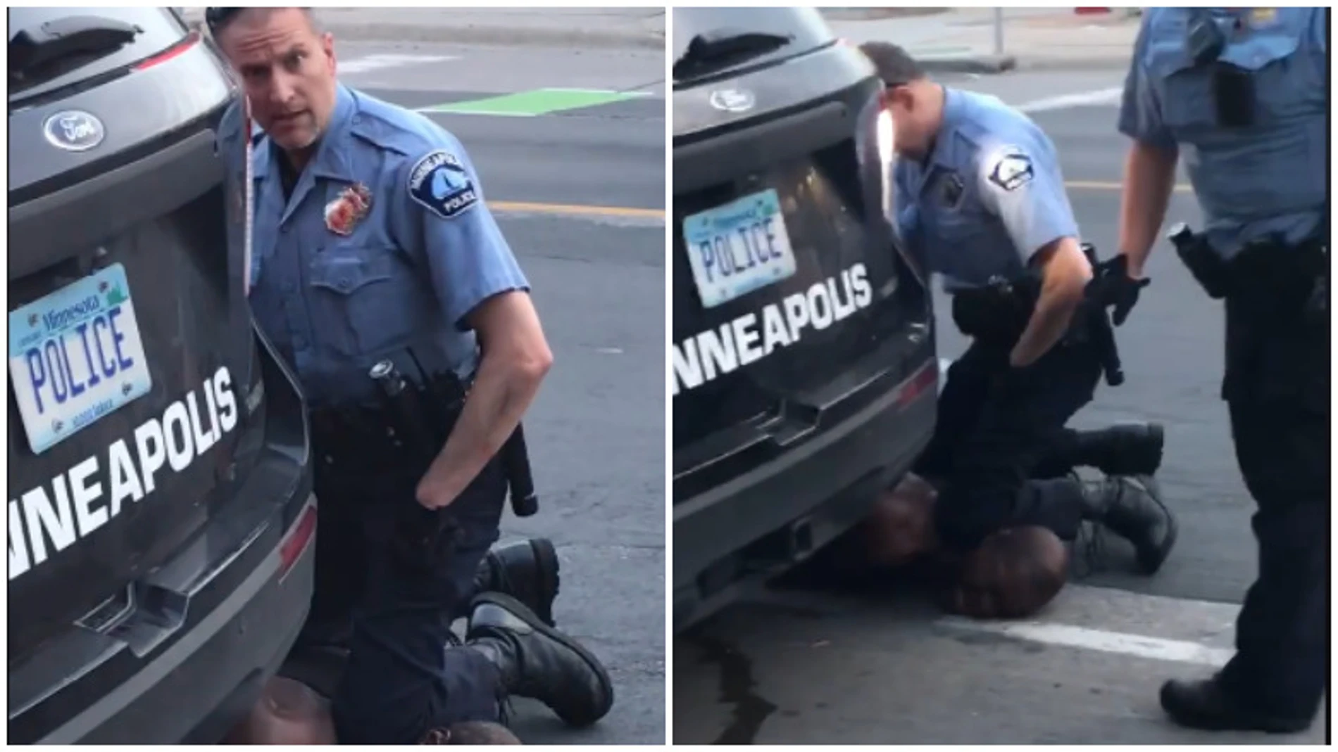 Dos imágenes de los vídeos grabados por los testigos, en las que se ve al detenido y el policía que presiona su cuello con la rodilla