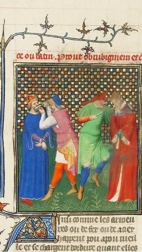 Este manuscrito recoge el momento en que Justiniano II es depuesto y le cortan la nariz