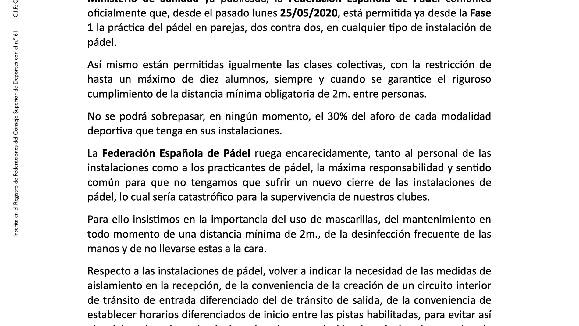 Comunicado Oficial Federación Española de Pádel