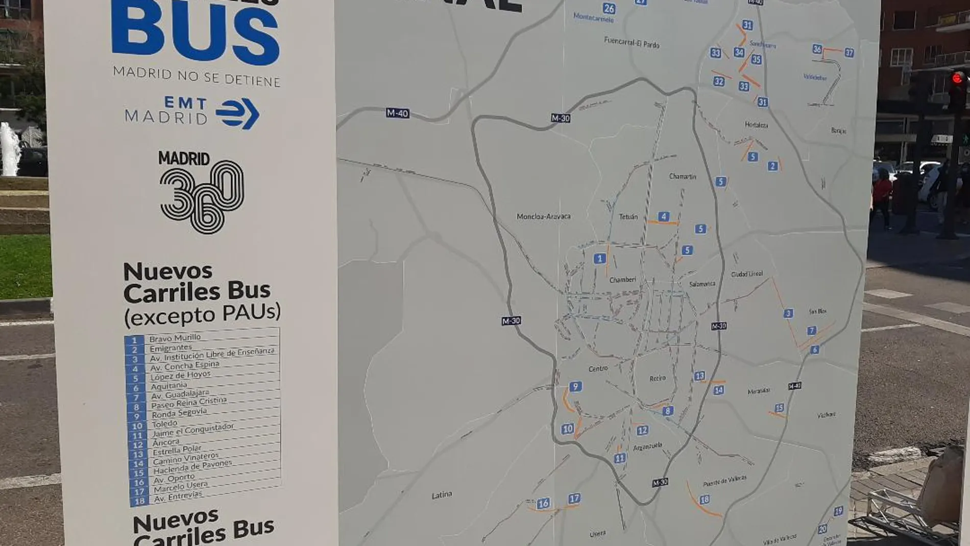 Imagen del plano de Madrid con los nuevos carriles-bus