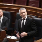 El ministro del Interior, Fernando Grande Marlaska, durante su intervención donde ha respondido, entre otras cuestiones, a la pregunta sobre "qué pretende ocultar el Ministerio del Interior con el improvisado acuerdo del Consejo de Ministros para habilitar el pago del tercer tramo de la equiparación salarial de Policía Nacional y Guardia Civil", en el pleno de sesión de control al Gobierno centrado en las medidas post-COVID 19, la derogación de la reforma laboral y la destitución por su parte del coronel jefe de la Comandancia de la Guardia Civil, Diego Pérez de los Cobos, en el Congreso de los Diputados, Madrid (España), a 27 de mayo de 2020.27 MAYO 2020;MARLASKA;COVID19;CONGRESO;GOBIERNO;FASE 1;CORONEL;GUARDIA CIVIL;CORONAVIRUSEduardo Parra / Europa Press27/05/2020
