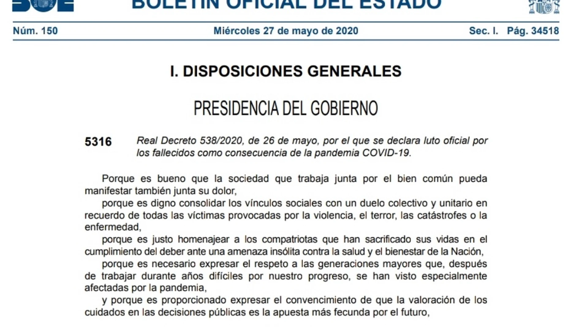 Texto del BOE que decreta el luto oficial de diez días hasta el 6 de junio