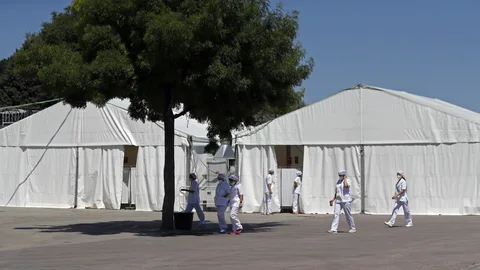 El Recinto Ferial de Torrejón de Ardoz, este miércoles, preparado para las pruebas masivas de coronavirus.