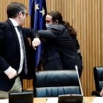 El vicepresidente segundo del Gobierno, Pablo Iglesias, y el presidente de la Comisión para la Reconstrucción Social y Económica, Patxi López.