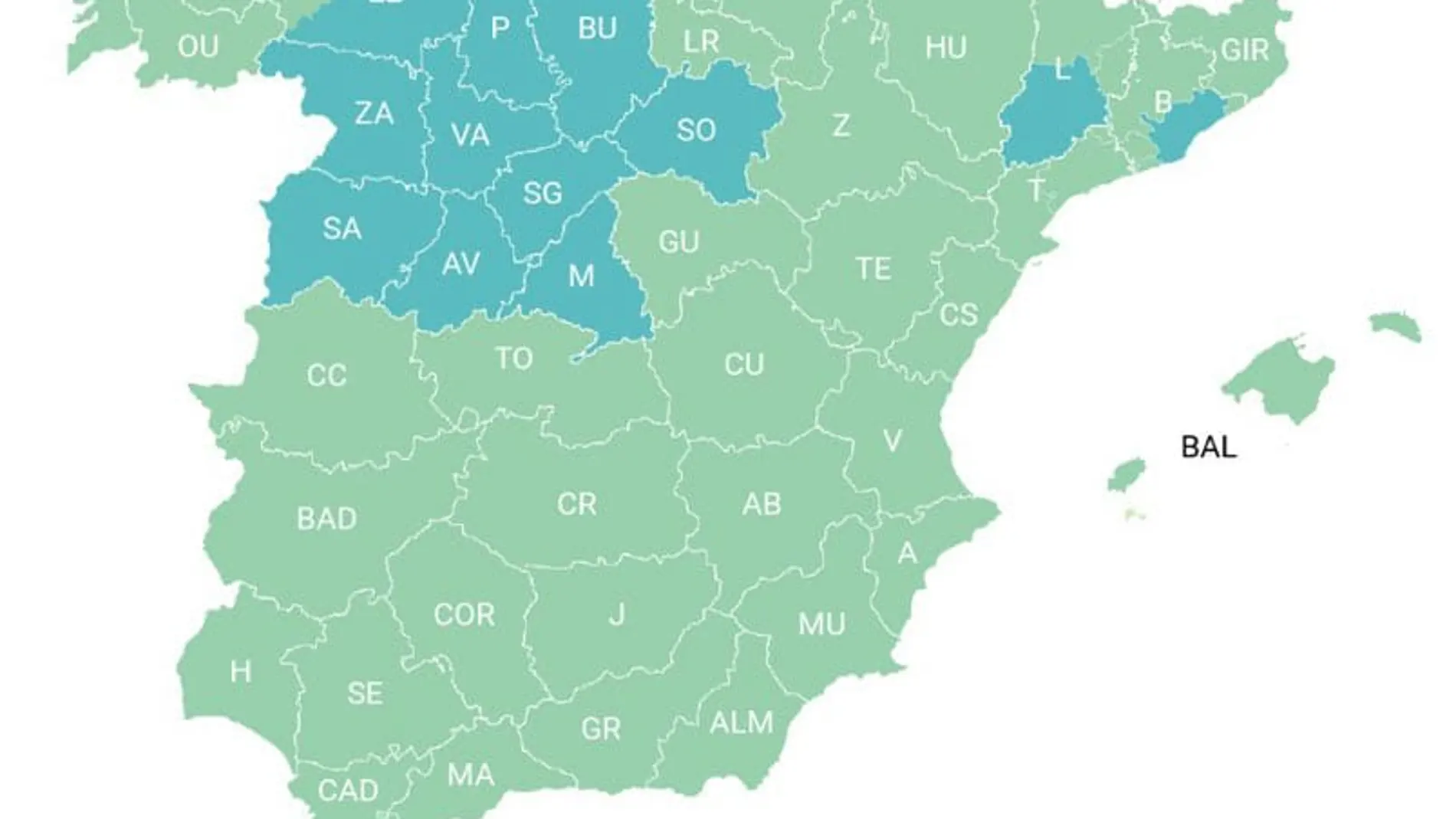 Mapa de la desescalada en España, donde toda Castilla y León, a excepción del Bierzo y Laciana, que pasan a Fase 2, continuarán en la Fase 1
