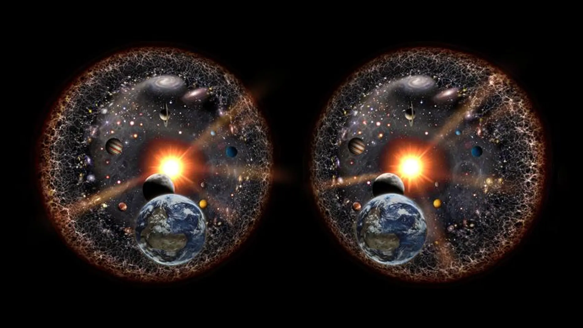 La imagen muestra dos vistas del universo, una ligeramente diferente a la otra.