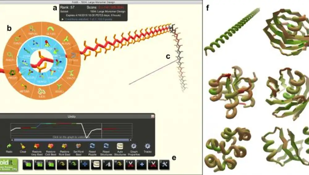 Captura del videojuego Foldit mostrando el editor de proteínas con una larga cadena de aminoácidos y a la izquierda una selección de distintas estructuras terciarias.