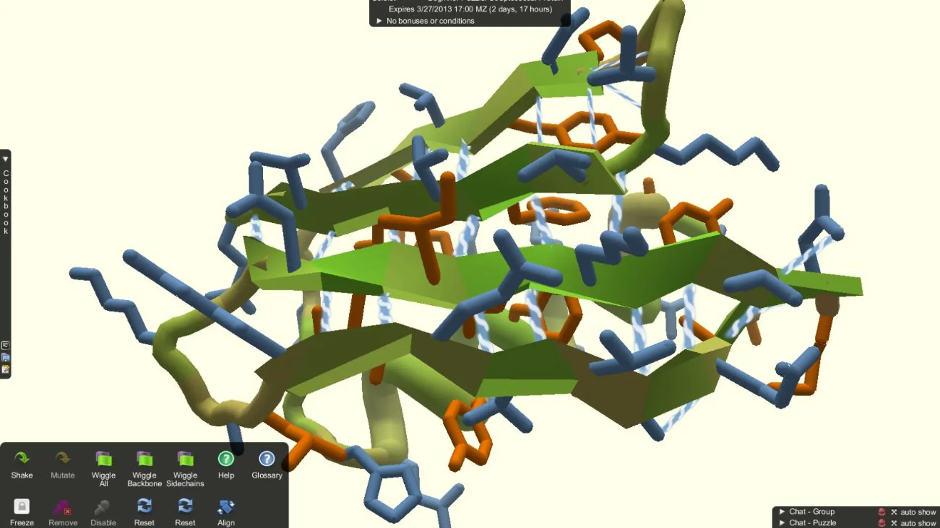 Captura del videojuego Foldit mostrando la estructura terciaria de una proteína