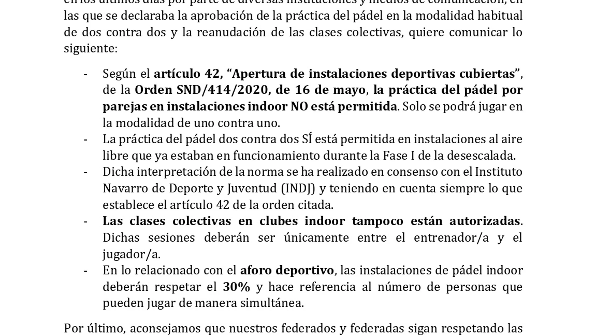 Comunicado Federación Navarra de Pádel