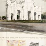 Fue uno de los proyectos frustrados de Christo envolver la Puerta de Alcalá de Madrid (en la imagen, bocetos del trabajo)