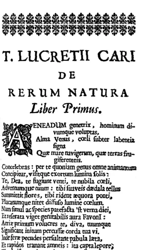 Comienzo del poema De rerum Natura de Lucrecio, donde describe el atomismo.