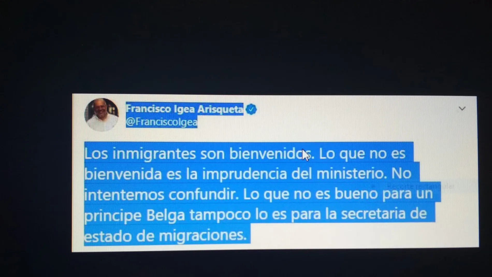 Declaración en twitter del vicepresidente de la Junta, Francisco Igea, respecto a los migrantes desplazados a Soria