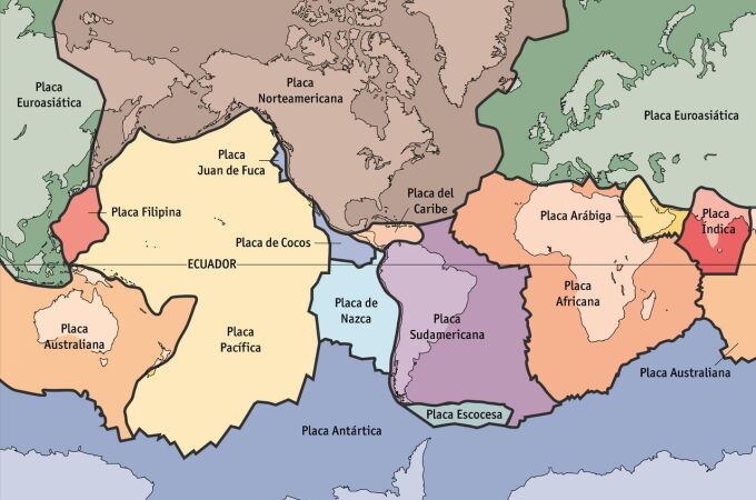 Las placas tectónicas en la actualidad. Los límites de placa por los que sale magma y se crea nueva corteza son, fundamentalmente, el que atraviesa el Atlántico de norte a sur, el que atraviesa el Pacífico oriental y el que recorre el sur del Índico.