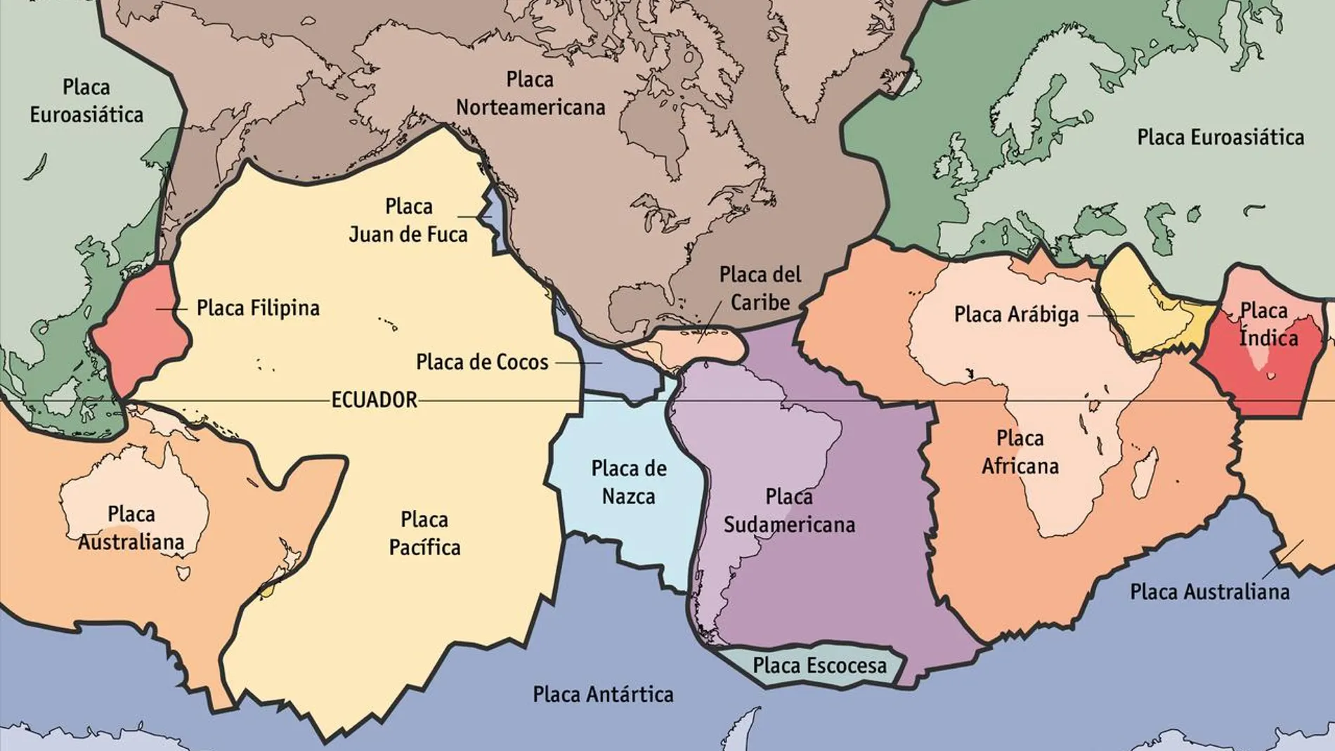 Las placas tectónicas en la actualidad. Los límites de placa por los que sale magma y se crea nueva corteza son, fundamentalmente, el que atraviesa el Atlántico de norte a sur, el que atraviesa el Pacífico oriental y el que recorre el sur del Índico.