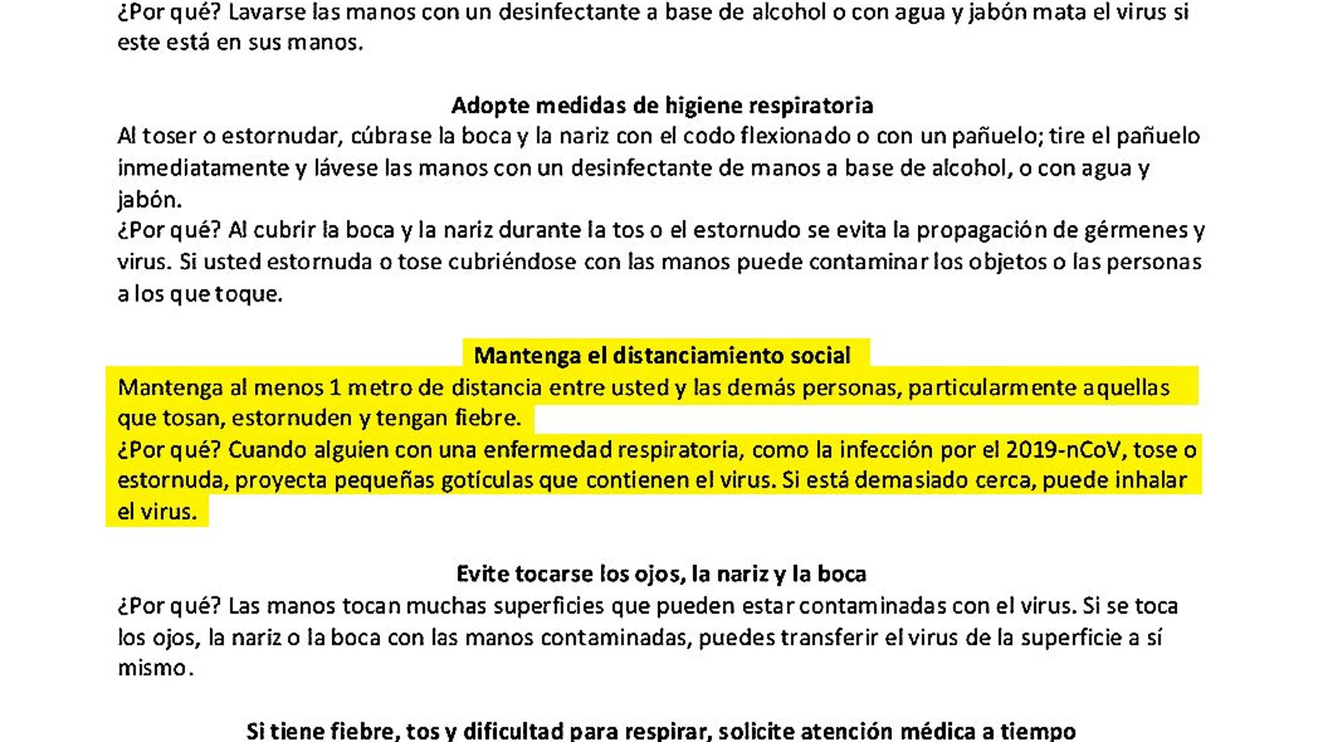 Documento del 26 de febrero de Moncloa con medidas de protección básicas contra el nuevo coronavirus, entre las que estaba mantener la medida de distancia de al menos un metro entre las personas.