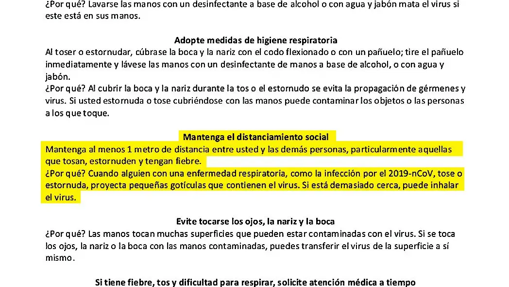 Documento del 26 de febrero de Moncloa con medidas de protección básicas contra el nuevo coronavirus, entre las que estaba mantener la medida de distancia de al menos un metro entre las personas.