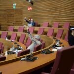 Sus señorías guardan el preceptivo distanciamiento social en una de las comisiones de Les Corts que ahora se celebran en el hemiciclo